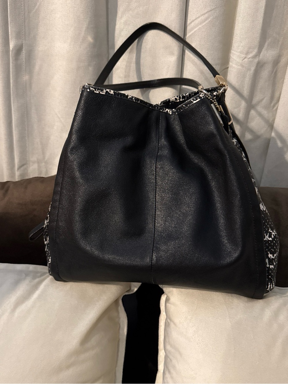 Coach Black Leather Shoulder Bag with Snake-Print Trim